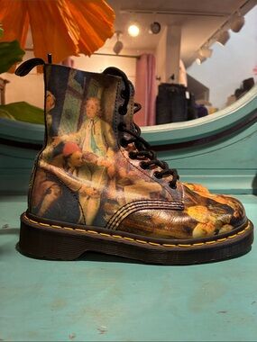 Dr. Martens Multicolor Printed Lace-Up Combat Boot Yellow Stitching Women‎ 5